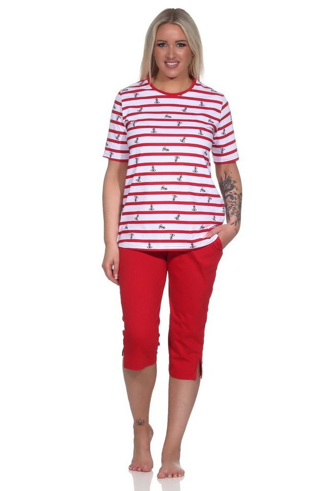 Normann Pyjama Damen kurzarm Schlafanzug mit Caprihose in maritimer Optik von Normann