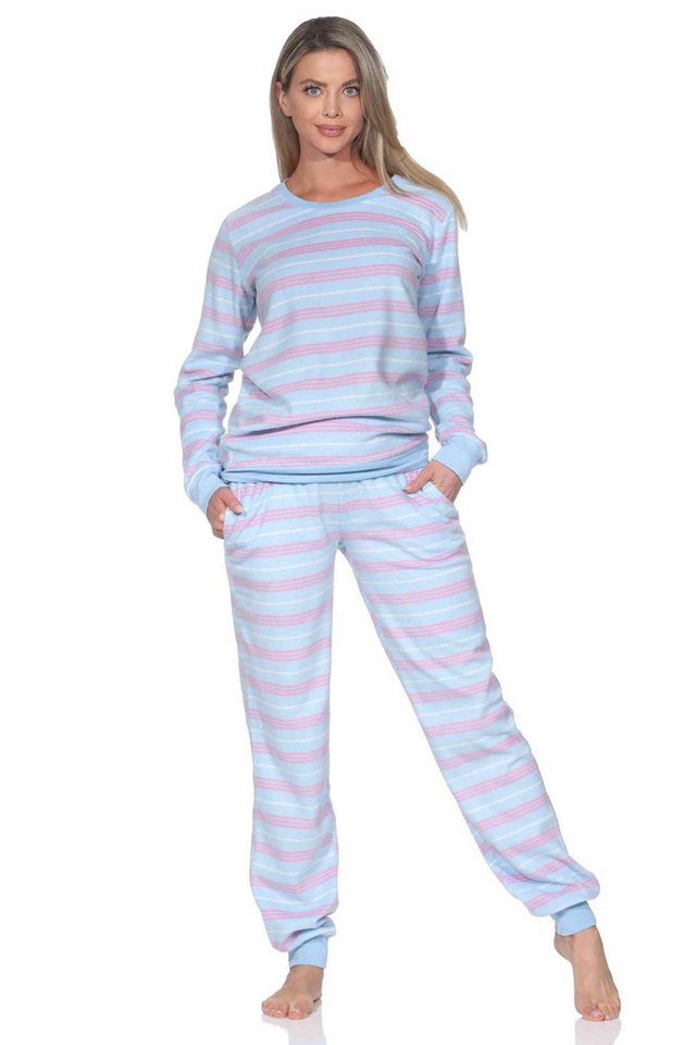 Normann Pyjama Normann Damen langarm Fleece Pyjama mit Bündchen in Streifen-Optik von Normann