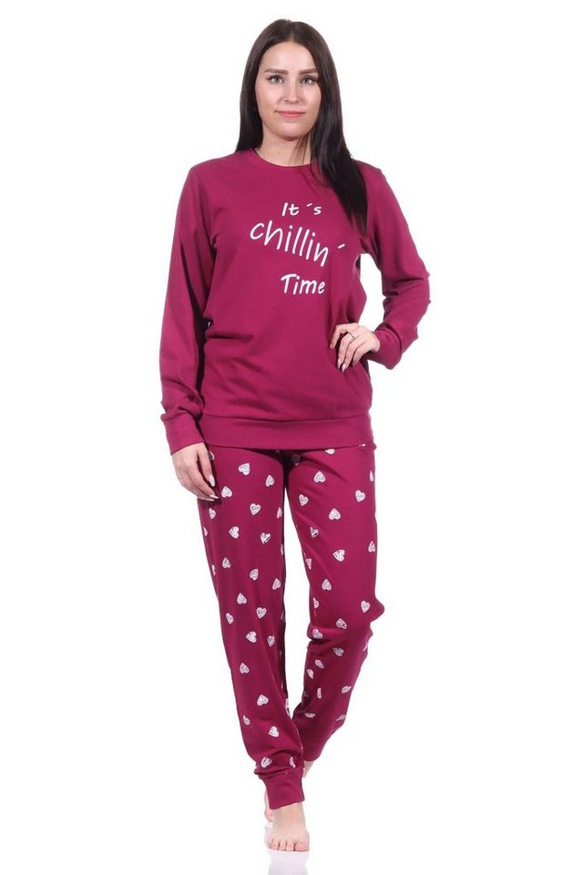Normann Pyjama Normann Damen langarm Schlafanzug mit Bündchen in Herz Punkte Optik von Normann