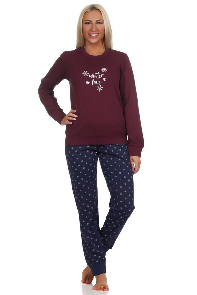 Normann Pyjama Normann Damen langarm Schlafanzug mit Bündchen in winterlicher Optik von Normann