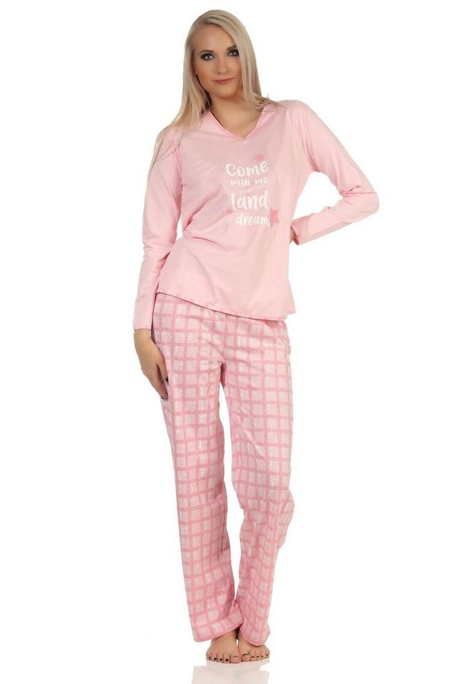 Normann Pyjama Normann Damen langarm Schlafanzug mit Jersey Hose in Karo Optik von Normann