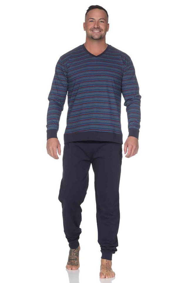 Normann Pyjama Normann Herren Pyjama lang mit Bündchen in Streifenoptik und V-Hals von Normann