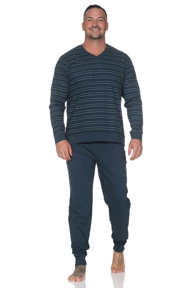 Normann Pyjama Normann Herren Pyjama lang mit Bündchen in Streifenoptik und V-Hals von Normann