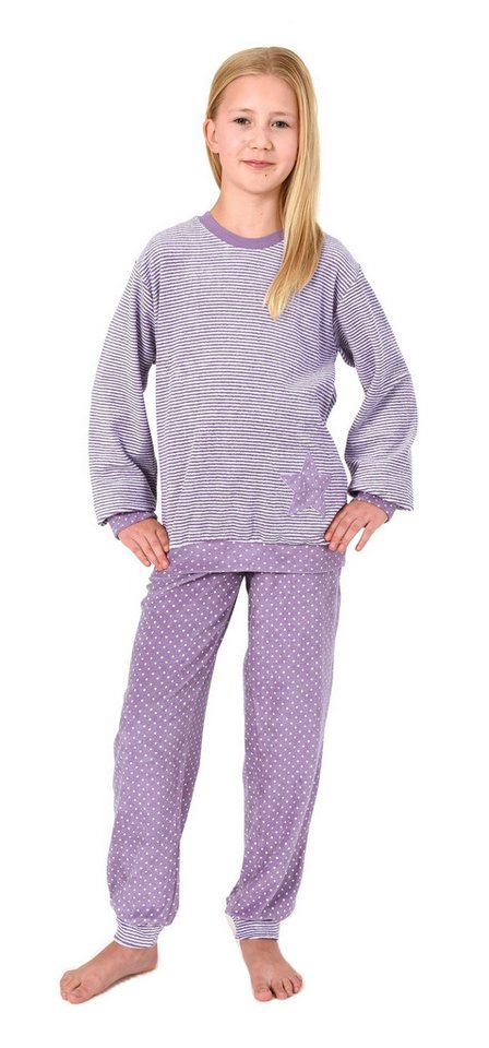 Normann Pyjama Normann Mädchen Frottee Pyjama langarm in Tupfen- und Ringeldesign von Normann