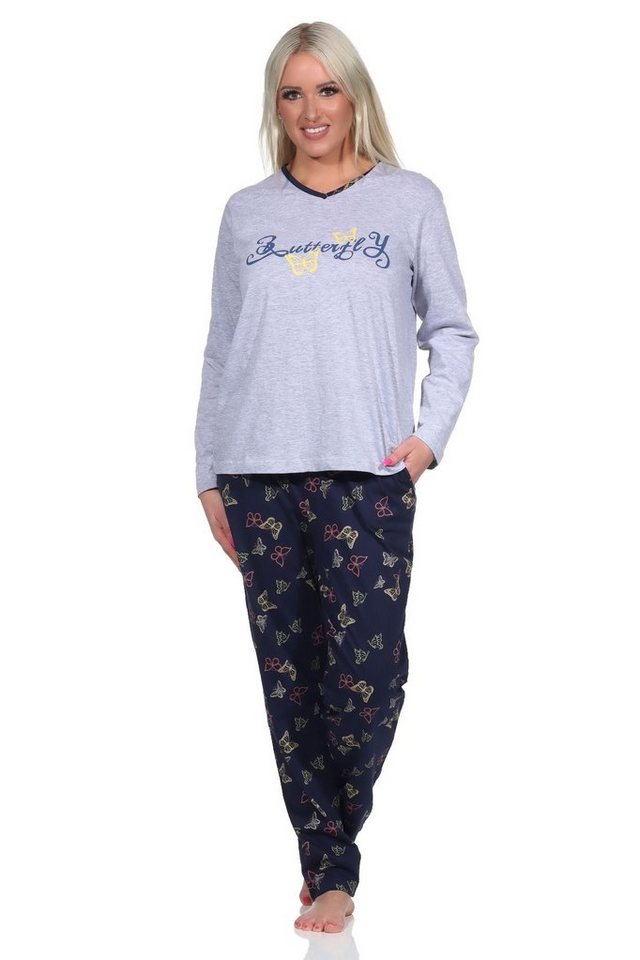 Normann Pyjama Damen langarm Schlafanzug mit Schmetterling als Motiv von Normann