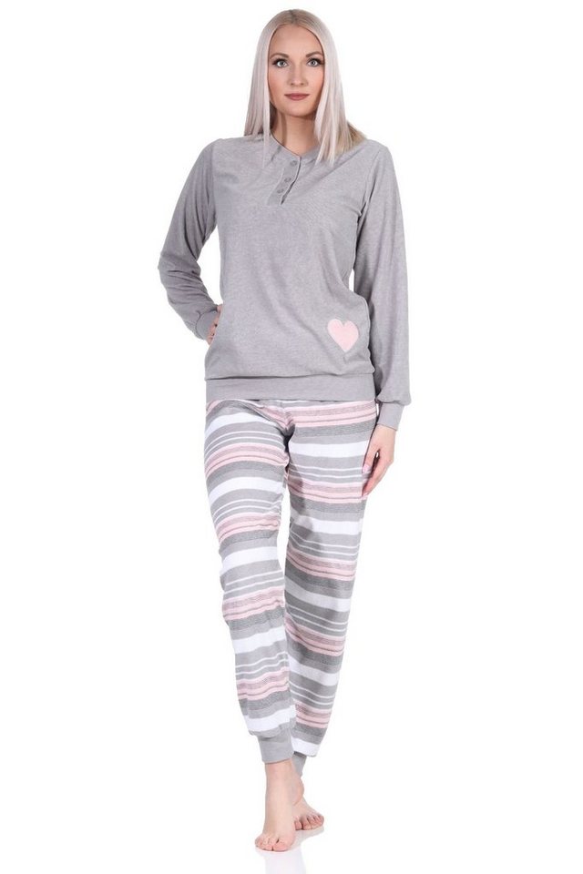 Normann Pyjama Damen Frottee Pyjama mit Bündchen und Herzmotiv und gestreifter Hose von Normann