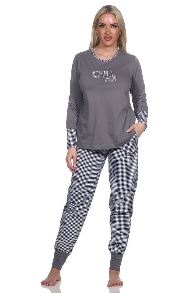 Normann Pyjama Damen Schlafanzug langarm mit Bündchen, Hose im Pepita-Look von Normann