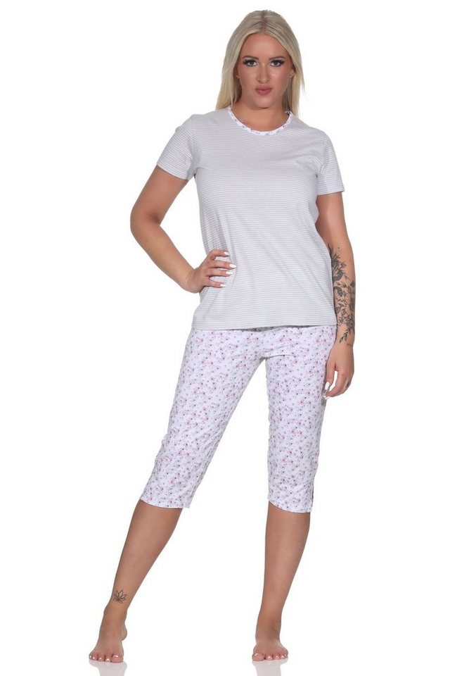 Normann Pyjama Floraler Damen Capri Schlafanzug mit Streifen, 3/4 Hose & Rundhals von Normann