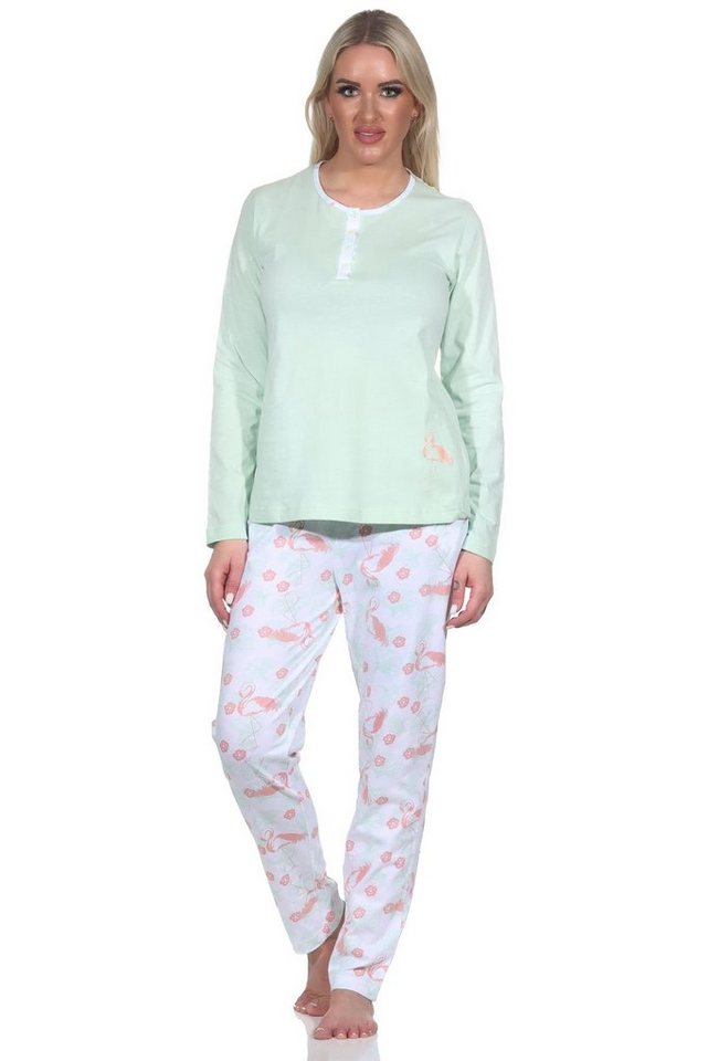 Normann Pyjama Damen Schlafanzug Langarm mit Flamingo Motiv und Knopfleiste am Hals von Normann