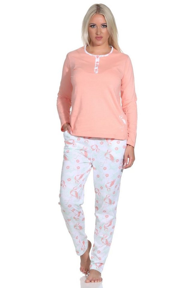 Normann Pyjama Damen Schlafanzug Langarm mit Flamingo Motiv und Knopfleiste am Hals von Normann