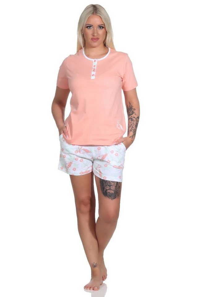 Normann Pyjama Damen kurzarm Schlafanzug Shorty Pyjama mit Flamingo Motiv von Normann