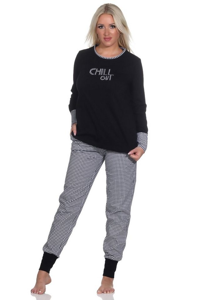 Normann Pyjama Damen Schlafanzug langarm mit Bündchen, Hose im Pepita-Look von Normann