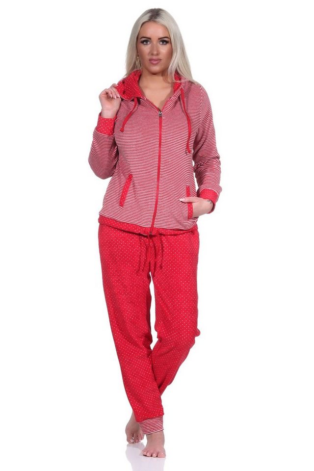 Normann Relaxanzug Damen Frottee Hausanzug mit Bündchen im Tupfen- und Ringeldesign von Normann