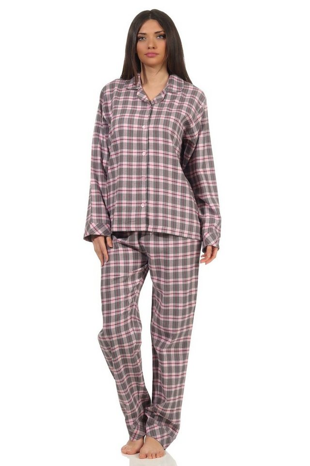 Normann Relaxanzug Normann Damen Flanell Schlafanzug lang mit Knopfleiste und Hemdkragen von Normann