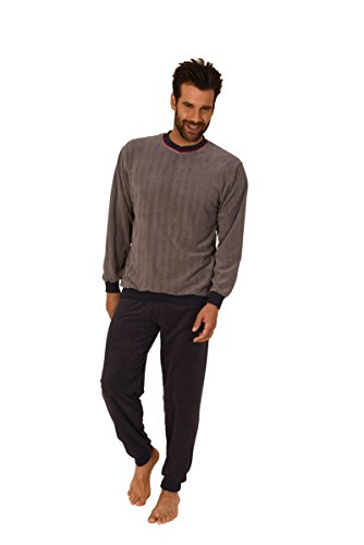 Normann Übergrößen Herren Frottee Pyjama, Rundhals, Gestreiftes Oberteil, Uni Hose, Grau/Schwarz, 59981, Gr. 70 von Normann