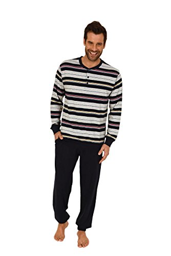 Normann Übergrößen Herren Pyjama, Rundhals mit Knopfleiste, Gestreiftes Oberteil, Uni Hose, Rot/Gelb/Marine, 57860, Gr. 68 von Normann