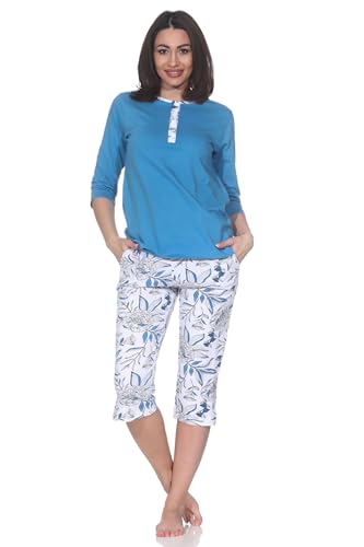 Normann Wunderbarer Damen Kurzarm Pyjama mit Caprihose in floralem Print - auch in Übergrössen, Farbe:blau1, Größe:52-54 von Normann