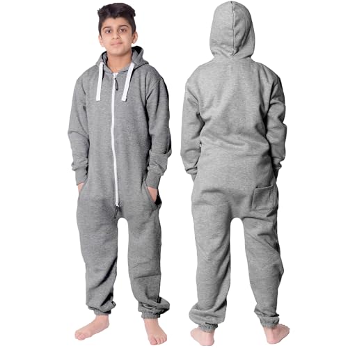 NOROZE Onesie Jumpsuit Weihnachts-Pyjama für Jungen Einteiler einfarbig Fleece-Einteiler mit Kapuze für Mädchen Schlafanzug Overall für Kinder Unisex (11-12 Jahre, Anthrazit) von NOROZE