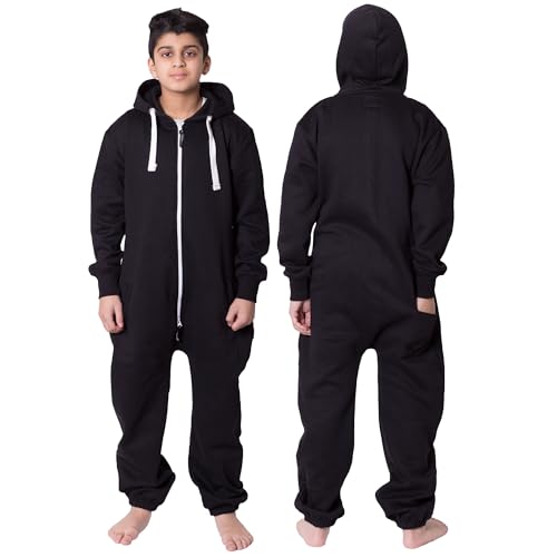 NOROZE Onesie Jumpsuit Weihnachts-Pyjama für Jungen Einteiler einfarbig Fleece-Einteiler mit Kapuze für Mädchen Schlafanzug Overall für Kinder Unisex (9-10 Jahre, Schwarz) von NOROZE
