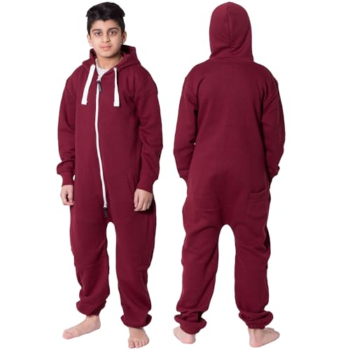 NOROZE Onesie Jumpsuit Weihnachts-Pyjama für Jungen Einteiler einfarbig Fleece-Einteiler mit Kapuze für Mädchen Schlafanzug Overall für Kinder Unisex (11-12 Jahre, Wine) von NOROZE