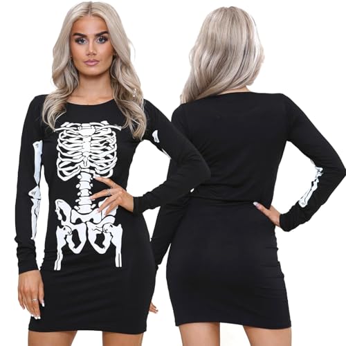 NOROZE Damen Frauen Halloween Skelett Schädel Knochen Rot Blut Herz Bodycon Kostüm Neuheit Party Kleid(40-42, Schwarz Skelett) von NOROZE