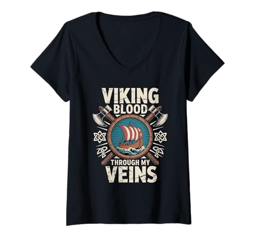 Damen Wikingerblut fließt durch Meine Adern Nordische Mythologie Walhalla T-Shirt mit V-Ausschnitt von Norse Culture And Northman Designs