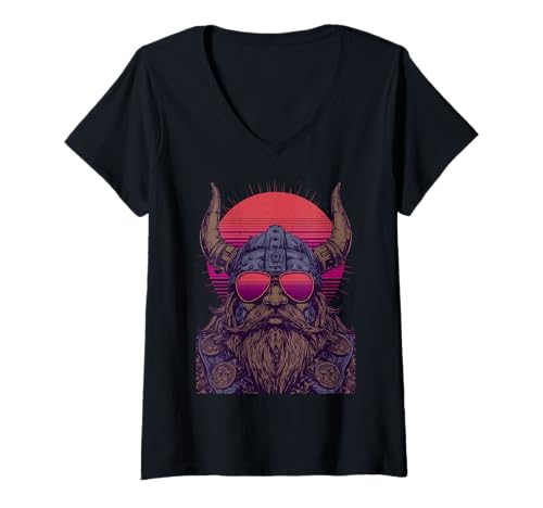 Damen Retro Wikinger mit Sonnenbrille T-Shirt mit V-Ausschnitt von Norse Legends in Retro Vibe Fashion