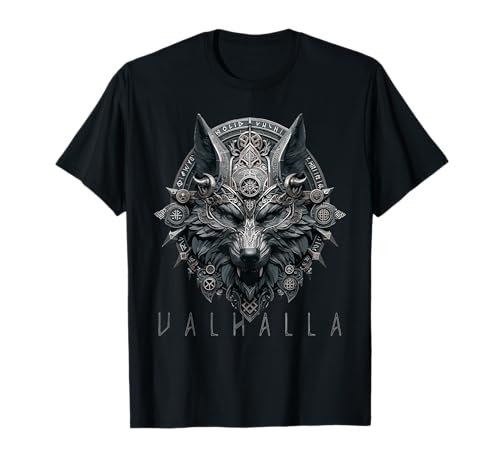 Valhalla Wolf Maske Odin Runen nordischer Kompass Wikinger Herren Damen T-Shirt von Norse Mythology Valhalla Wolf Odin Viking Fenrir