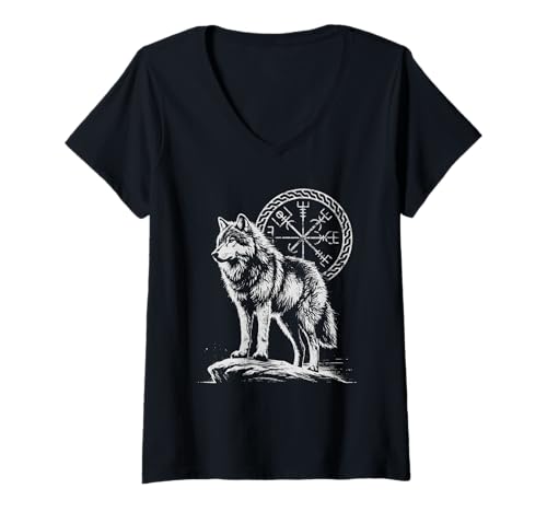 Damen Wolf Wikinger Runen nordische Götter nordische Mythologie Wikinger Liebhaber T-Shirt mit V-Ausschnitt Damen Wolf Wikinger Runen nordische Götter nordische Mythologie Wikinger Liebhaber T-Shirt mit V-Ausschnitt von Norse Mythology Vikings Wolves Nordic Gods