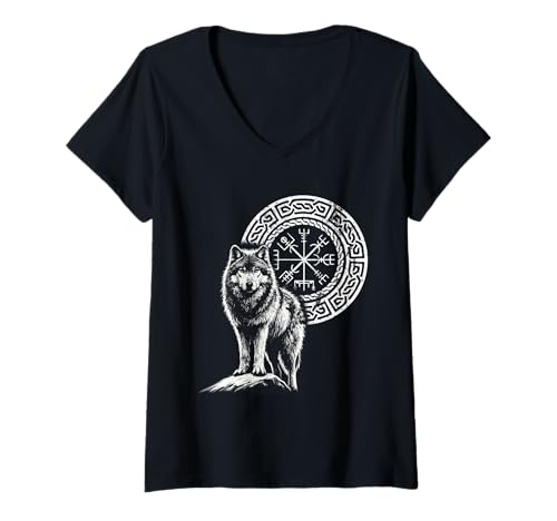 Damen Wolf Wikinger Runen nordische Götter nordische Mythologie Wikinger Liebhaber T-Shirt mit V-Ausschnitt Damen Wolf Wikinger Runen nordische Götter nordische Mythologie Wikinger Liebhaber T-Shirt mit V-Ausschnitt von Norse Mythology Vikings Wolves Nordic Gods