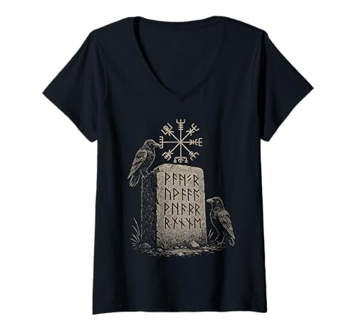 Damen Vegvisir Norse Ravens Wikinger Rune Stein Nordisches Symbol T-Shirt mit V-Ausschnitt von Norse Vegvisir Viking Rune Ravens Mythic Symbol