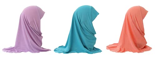 Norsen 3 Stücke Mädchen Kopftuch Kinder Muslimischer Hijab Kleines Moslem Schal Elegante Arabien Islamische Kopfkappe Kleidung Turban Gesichtsschleier Kopfbedeckung, rot+blau+lila, Einheitsgröße von Norsen