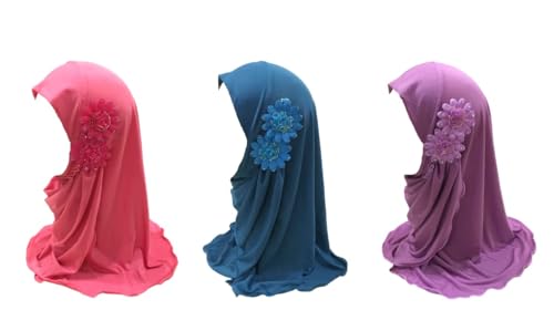 Norsenvia 3 Stücke Mädchen Kopftuch Kinder Muslimischer Hijab mit Blumen Kleines Mädchen Moslem Schal Kopfkappe Kopfbedeckung von Norsenvia