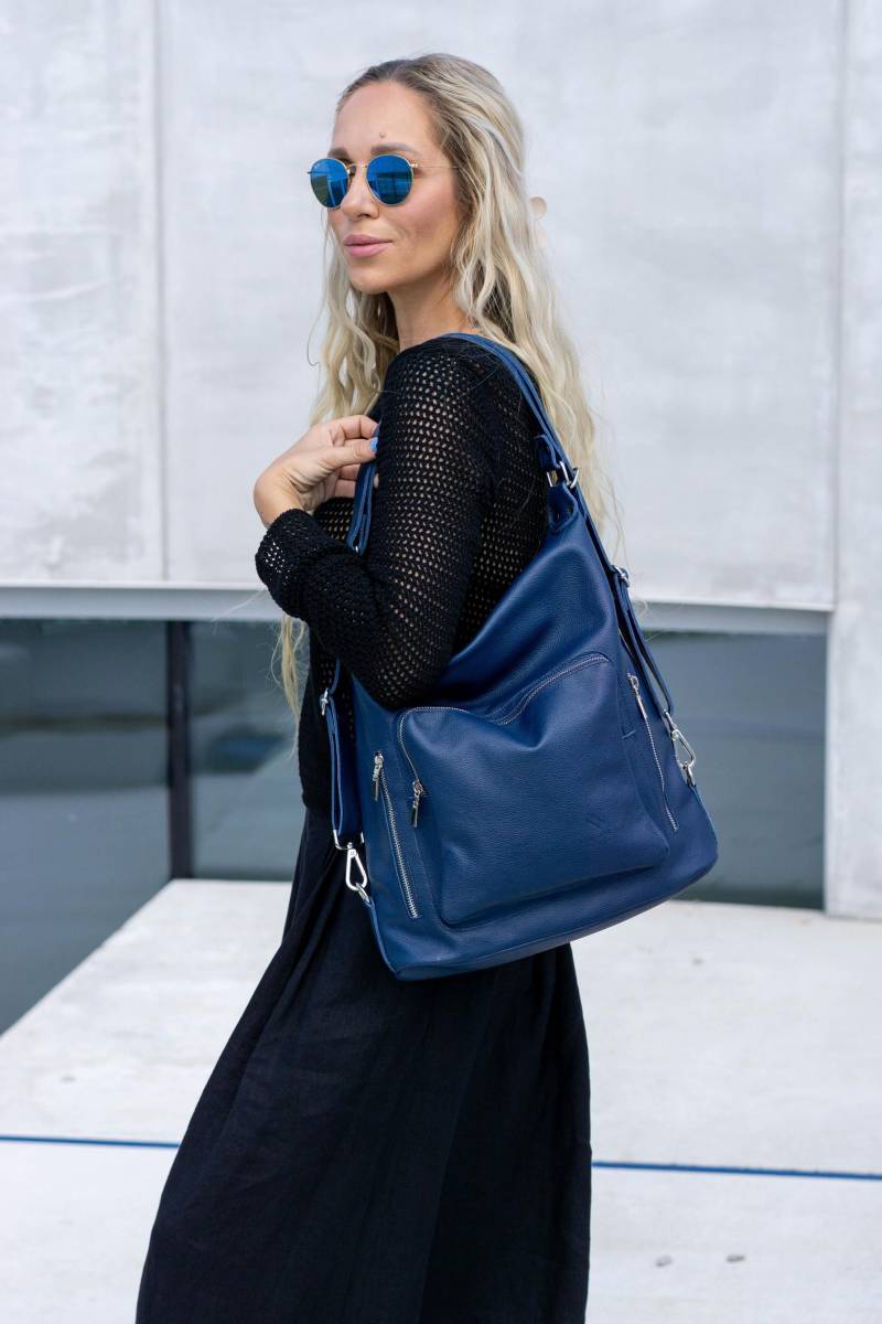 Weiche Blaue Leder Rucksack Geldbörse, Stilvolle Schultertasche, Große Hobo Tasche, Hochwertige Und Wandelbare Design von Nortani