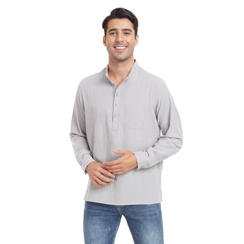 Herren Henley Sommerhemd Langarm Leinenhemd Freizeithemd Baumwolle und Leinen Casual Regular Fit Shirt Strandhemd für Männer Grau XL von North Bund