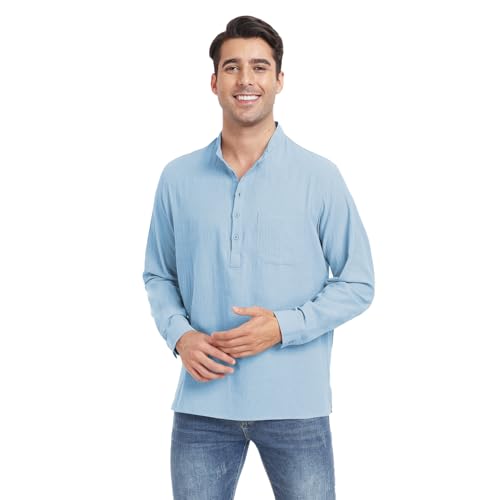 Herren Henley Sommerhemd Langarm Leinenhemd Freizeithemd Baumwolle und Leinen Casual Regular Fit Shirt Strandhemd für Männer Seeblau L von North Bund
