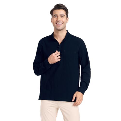 Herren Henley Sommerhemd Langarm Leinenhemd Freizeithemd Baumwolle und Leinen Casual Regular Fit Shirt Strandhemd für Männer Tiefblau L von North Bund
