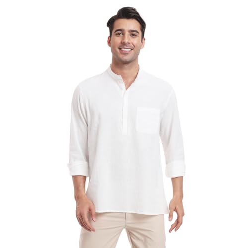 Herren Henley Sommerhemd Langarm Leinenhemd Freizeithemd Baumwolle und Leinen Casual Regular Fit Shirt Strandhemd für Männer Weiß XXL von North Bund