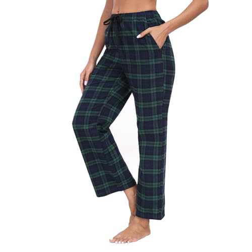 North Bund Damen 100% Baumwolle Pyjamahose Karierte Lang Schlafanzughose Weich Freizeithose Hose Nachtwäsche Schlafhose Hausanzug Mit Taschen Und Kordelzug von North Bund