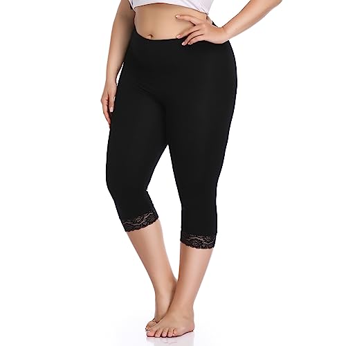 North Bund Damen Capri 3/4 Leggings High Waist Leggins Blickdicht Sporthose Sexy Bauchweg Gymnastikhose Übergröße Mit Spitze Sommer Für Yoga Gym Freizeit Schwarz 4XL von North Bund