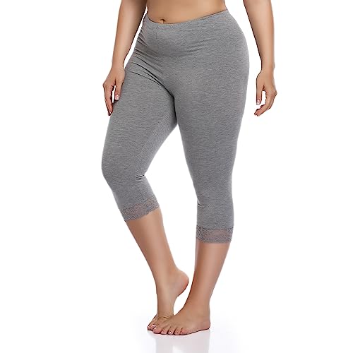 North Bund Damen Capri 3/4 Leggings High Waist Leggins Blickdicht Sporthose Sexy Bauchweg Gymnastikhose Übergröße Mit Spitze Sommer Für Yoga Gym Freizeit Grau 4XL von North Bund