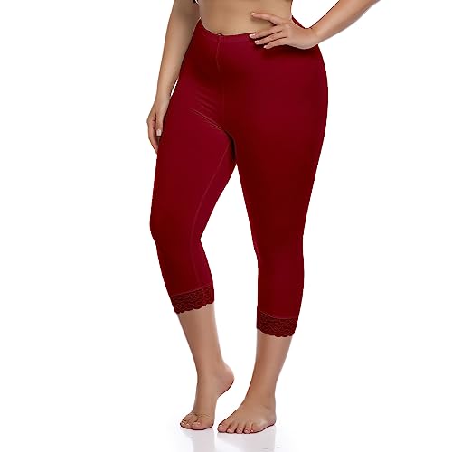 North Bund Damen Capri 3/4 Leggings High Waist Leggins Blickdicht Sporthose Sexy Bauchweg Gymnastikhose Übergröße Mit Spitze Sommer Für Yoga Gym Freizeit Rot 3XL von North Bund