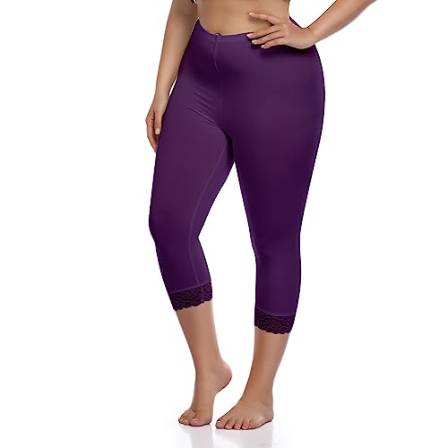 North Bund Damen Capri 3/4 Leggings High Waist Leggins Blickdicht Sporthose Sexy Bauchweg Gymnastikhose Übergröße Mit Spitze Sommer Für Yoga Gym Freizeit Violett XL von North Bund