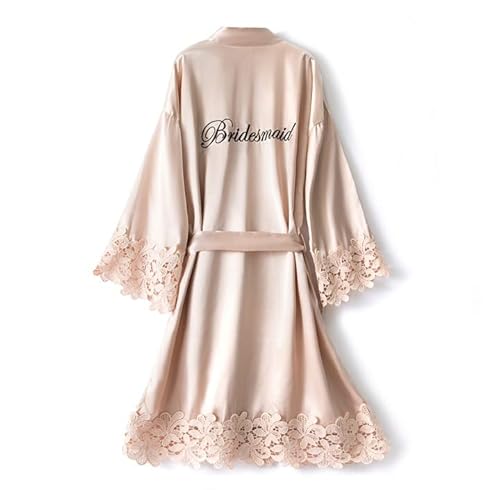 North Bund Damen-Bademantel für Braut, Brautjungfer, seidige Bademäntel mit Spitzenbesatz, Brautstickerei, Bademantel für Hochzeit, Party, Nachtwäsche, Champagner, Einheitsgröße von North Bund