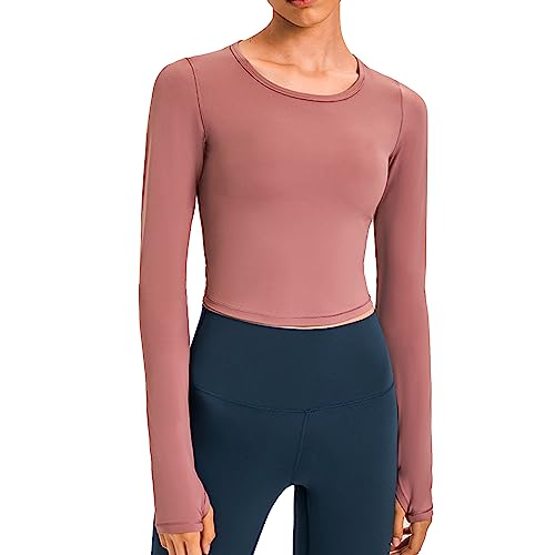 North Bund Damen Sport Langarm Crop Top Oberteile Bauchfrei Sexy Laufshirt Schnelle Trockene Sportshirt Sporttop Funktionsshirt Atmungsaktiv Nahtlos Shirt Mit Daumenloch Workout Fitness Yoga Gym von North Bund