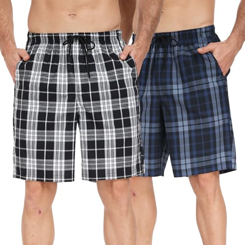 North Bund Herren 2er-Pack Schlafanzughose Kurz Baumwolle Schlafshorts Kariert Pyjamahose Freizeithose für Männer Loungewear Kurze Nachtwäsche Shorty Loungehose Sommer Mit Taschen L von North Bund