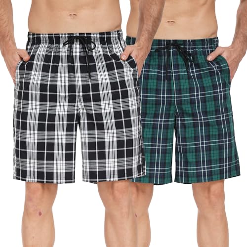 North Bund Herren 2er-Pack Schlafanzughose Kurz Baumwolle Schlafshorts Kariert Pyjamahose Freizeithose für Männer Loungewear Kurze Nachtwäsche Shorty Loungehose Sommer Mit Taschen L von North Bund