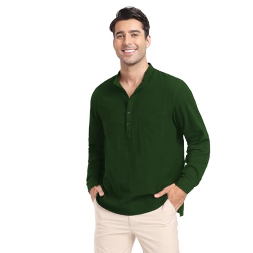 Herren Henley Sommerhemd Langarm Leinenhemd Freizeithemd Baumwolle und Leinen Casual Regular Fit Shirt Strandhemd für Männer Tiefgrün XXL von North Bund