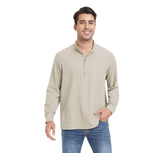 Herren Henley Sommerhemd Langarm Leinenhemd Freizeithemd Baumwolle und Leinen Casual Regular Fit Shirt Strandhemd für Männer Khaki XXL von North Bund