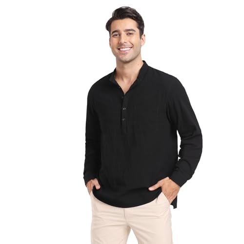 Herren Henley Sommerhemd Langarm Leinenhemd Freizeithemd Baumwolle und Leinen Casual Regular Fit Shirt Strandhemd für Männer Schwarz L von North Bund